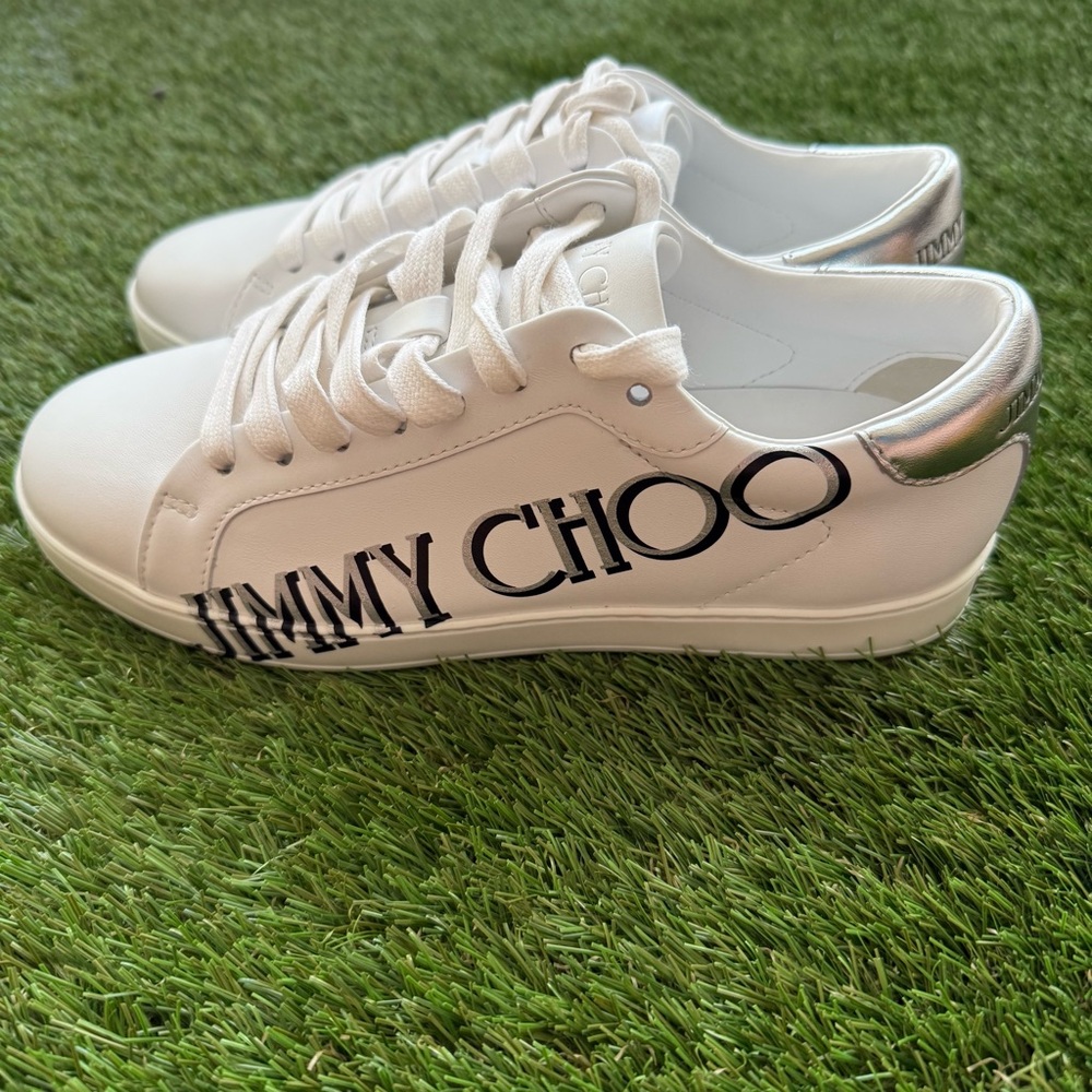 NEW Jimmy Choo White Silver Leather Logo Sneakers
